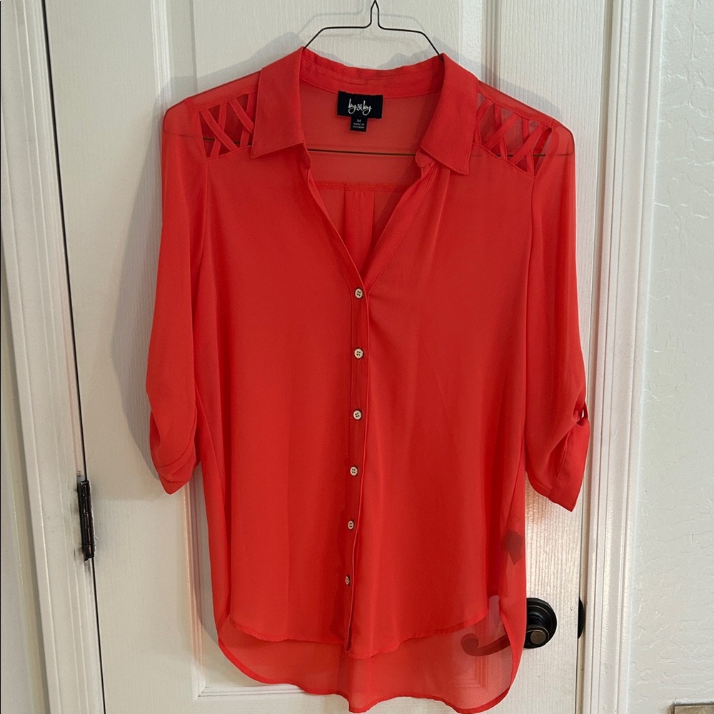 Women's Orange Sheer Button-Up Blouse